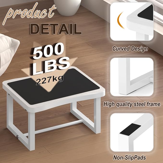 Wooden Step Stool with 500 Pounds, Wide Bed Step Stool for Adults,Wood White Step Stool&Stable Solid Metal Frame for Kitchen, Bedroom, Living Room, Bathroom