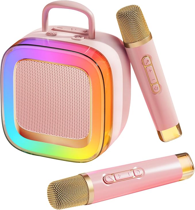 Kinglucky Karaoke Machine for Kids Girls Ages 3-12 with 2 Light-Up Microphones, Bigger Size Yet Portable Bluetooth Speaker with Voice Effects for Birthday, Family Fun & Party (Pink)