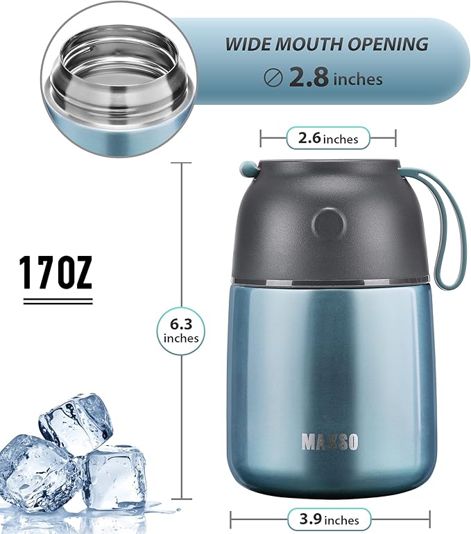 Insulated Thermo Food Jar for Hot & Cold Food for Kids Adult, 17 oz Soup Thermal Hot Food Containers for Lunch, Triple Layer Insulation Stainless Steel Food Jar with Spoon (Lightblue)