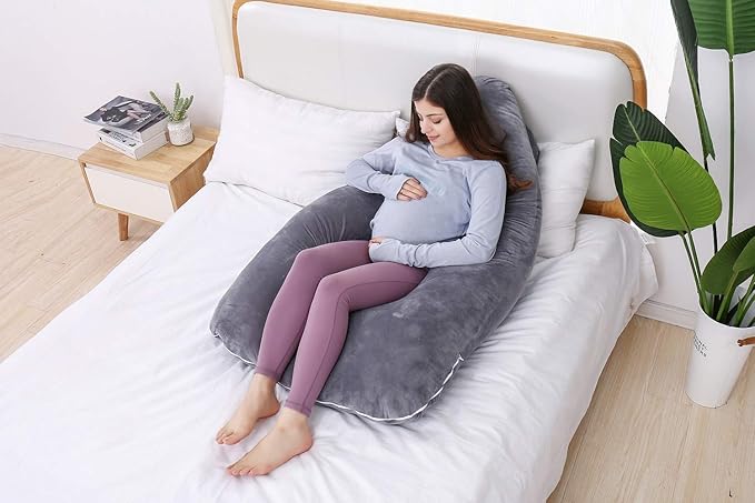 AS AWESLING Pregnancy Pillow, U Shaped Full Body Pillow, Nursing, Support and Maternity Pillow for Pregnant Women with Removable Velvet Cover (Grey)