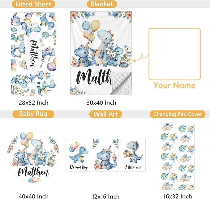 Custom Baby Crib Set - 5 Pcs Personalized Name Blue Dinosaur Crib Bedding Set for Infants Toddlers - Soft Double Layer Nursery Bedding Set for Boys - Customized Gifts for Baby Shower Birthday