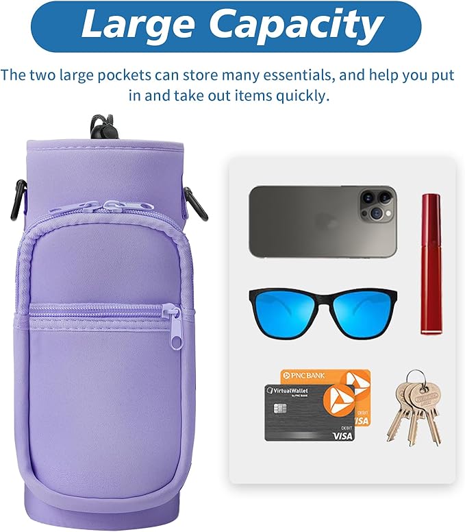 32 40 oz Water Bottle Carrier with Strap, Neoprene Water Bottle Sleeve Bag with 2 Pockets Insulated Flask Sling Holder for Walking Hiking Gym