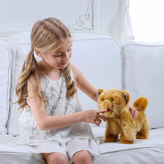 Electronic Walking Orange Cats, Realistic Interactive Puppy Pet Toy Cat, Walking, Barking,Wagging Tail & Talking,Present Pet Gifts for 3+ Year Boys Girls