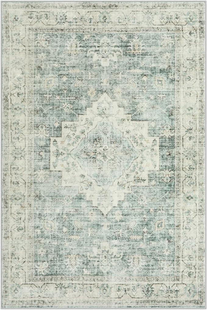 LIVEBOX Bedroom 4x6 Washable Area Rug for Entryway Kitchen, Non-Slip Soft Boho Rugs for Dining Room Office, Farmhouse Low-Pile Neutral Soft Carpet for Nursery Room Playroom, Sage Green