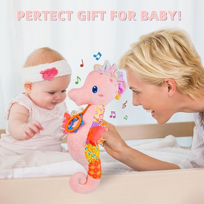 Baby Toys 0-6 Months,Infant Musical Seahorse Stuffed Animals Sensory Toys with Bright Colors,Multiple Textures,Rattles & Crinkle Sound Paper,Soft Tummy Time Toy for Newborn Boys Girls 0-12 Months-Pink