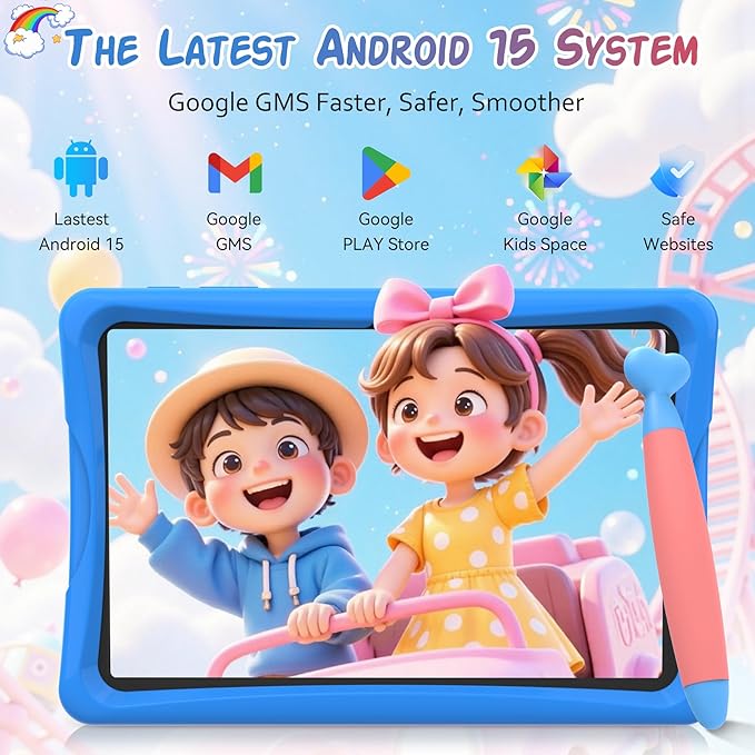 Kids Tablet 10 inch, Android 15 Tablets for Kid, Parental Control, Pre-Installed Kiddos Software & Kids Space, Includes Case & Stylus Pen, 12GB RAM 64GB ROM, 2TB Expand, HD IPS Screen(Blue)