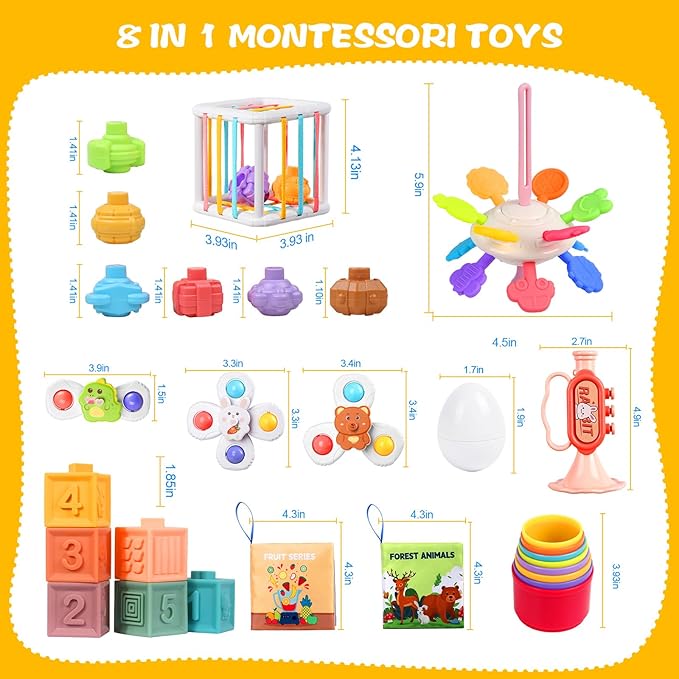 Montessori Toys for Babies 6-12 Months, 8 in 1 Soft Sensory Toddler Bath Toys for Babies, Montessori for 1 Year Old