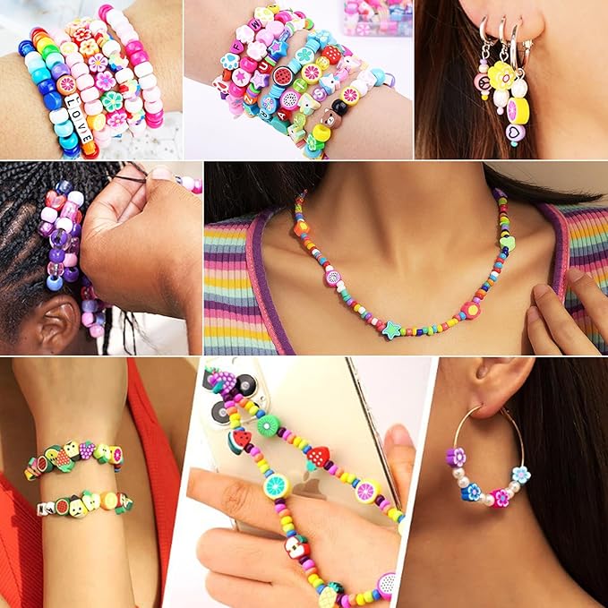 1000PCS Polymer Clay Beads Bracelet Making kit, 24 Style Cute Fun Beads Fruit Beads Charms for Jewelry Necklace Earring Making DIY Accessories for Women Girls