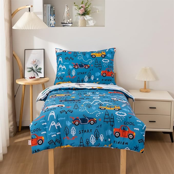 NTBED 4 Pieces Racing Car Toddler Bedding Set for Baby Boys, Hill Vehicles Transportation Printed, Includes Comforter, Flat Sheet, Fitted Sheet and Pillowcase,Blue