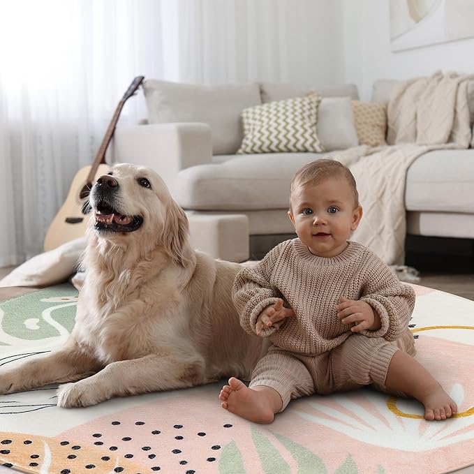 Lahome Boho Pink 3Ft Round Area Rugs - Soft Cute Small Circle Rug for Kids Nursery Room, Washable Non-Slip Botanical Print Circular Carpet for Sofa Playroom (Pink,3'x3')