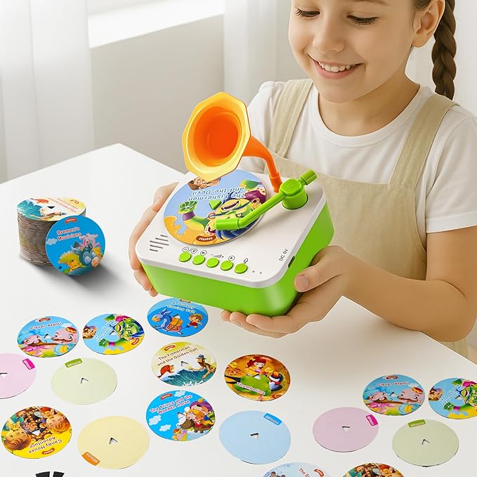 Kids Phonograph Toddler Record Player, with 96 Learning Cards, Early Education Machine Record Player Music Box Storyteller pop Speakers, Gift for Boys and Girls