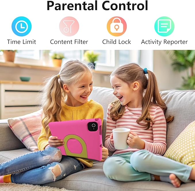JREN Kids Table 10.1" |Android 14 Tablet for Kids|64GB Storage|Octa-Core|WiFi |Cameras|Parental Control|Kids Content|Case Included Great Gift for Children Ages 3-12 Years Old Pink