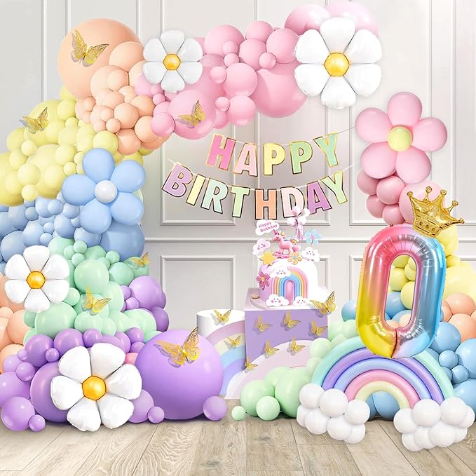 219Pcs Daisy Balloon Arch Garland Kit - Pastel Rainbow Balloons Arch Kit with Daisy Balloons,Banner,Cake Toppers,12 3D Butterfly, for Birthday Party, Baby Shower, Flower Themed Party Decorations