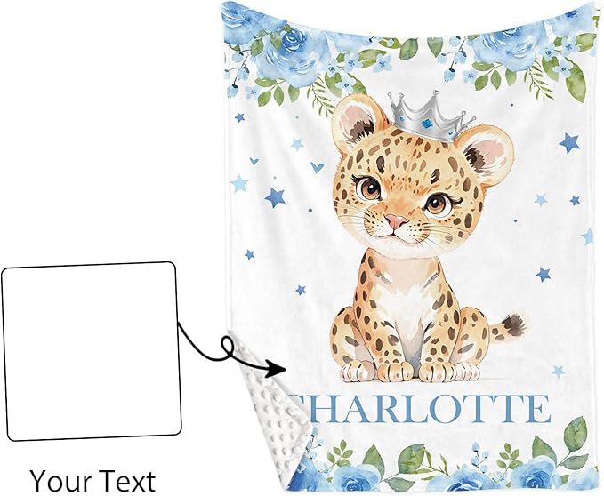 Personalized Nursery Crib Bedding Set: Custom Name Blue Floral 5 Piece Baby Crib Sets with Leopard Theme - Toddler Double Layer Blanket Set, Comfortable Crib Bed Sheets for Baby Grils