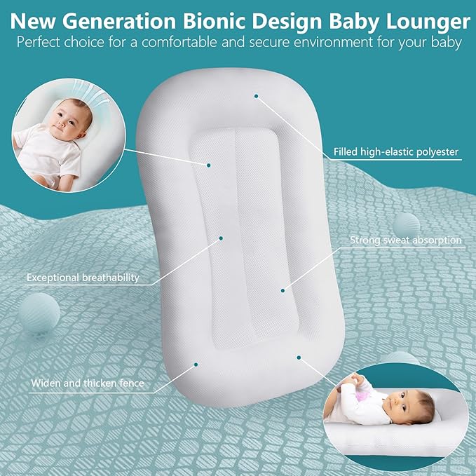 Baby Lounger for Newborn, Soft Organic Cotton Breathable Infant Lounger for for Home and Travel (Pink)