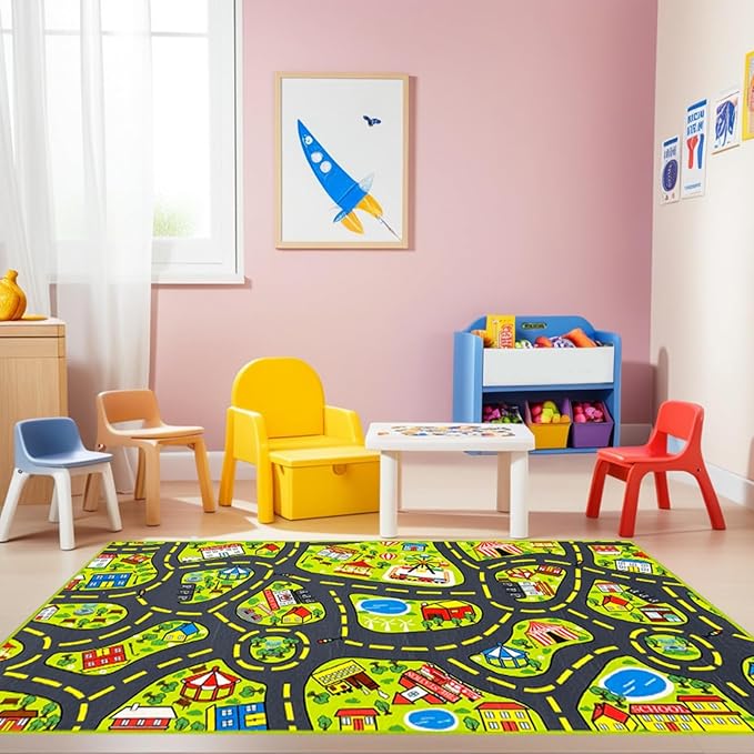 Car Rug 2.6x5 Feet, Car Mat for Kids Race Track Rug Road Play Mat with Roads City Map Design