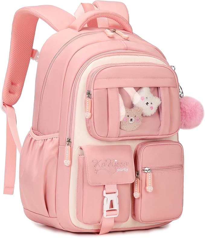 Kids Backpack for Girls School Bags for Middle School Students Book Bag for Elementary Primary Kawaii Ita Backpack, Pink and Beige