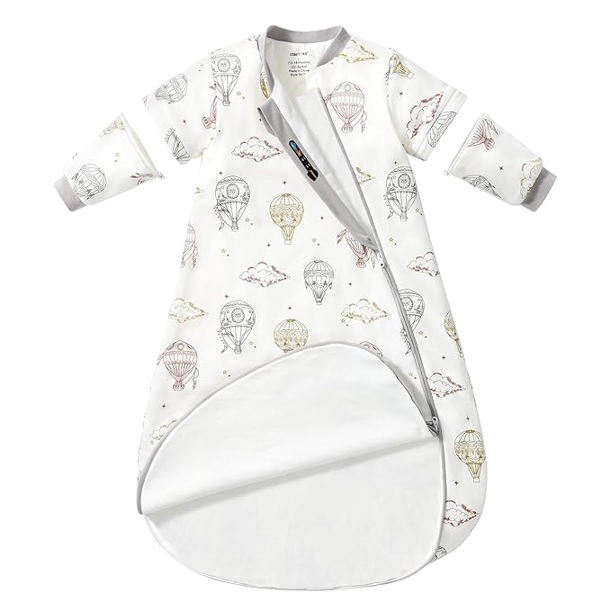 Baby Sleep Sack 12-18 Months, Cotton Detachable Long Sleeve Sleep Sack, 1.0 Tog Toddler Sleeping Sack with Temperature Strips, 2-Way Zipper Wearable Blankets for Newborns, Hot Air Balloon