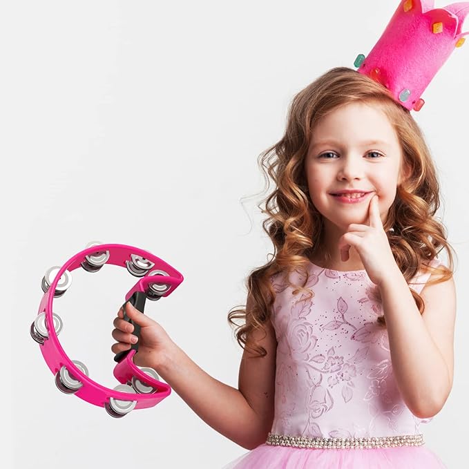 EastRock Tambourine,Metal Jingles Hand Held Percussion-Half Moon Tambourine for Kids, Adults, KTV, Party Pink