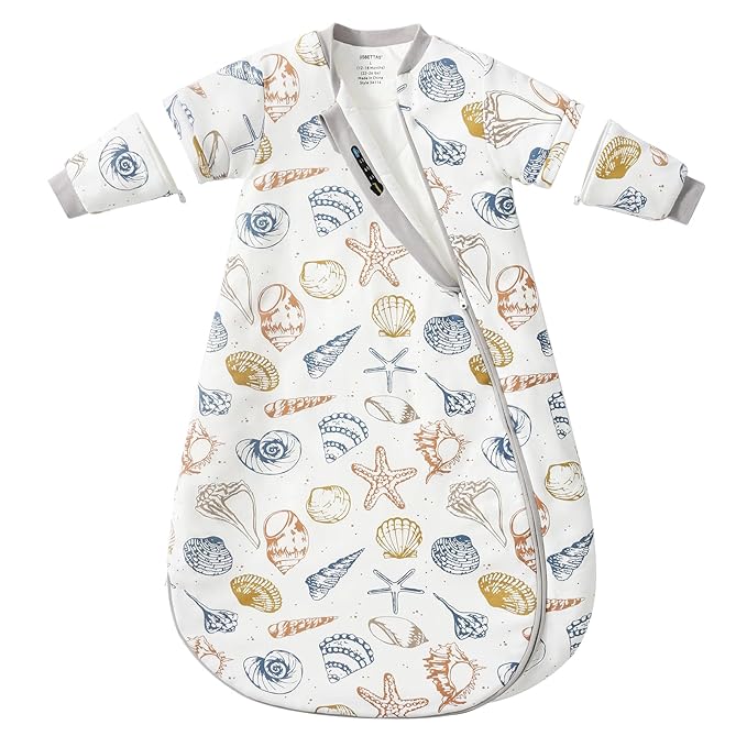 Baby Sleep Sack 3-6 Months, Cotton Detachable Long Sleeve Sleep Sack, 1.0 Tog Toddler Sleeping Sack with Temperature Strips, 2-Way Zipper Wearable Blankets for Newborns, Ocean