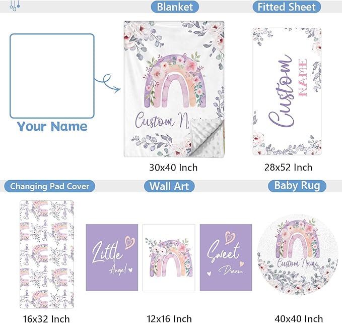 Personalized Baby Bedding Set, 5 Pcs Custom Baby Crib Set with Name, Soft Flannel Rainbow Crib Bedding Set for Girls, Double Layer Nursery Bedding Set, Infant Toddler Bedding Set Parents Gift