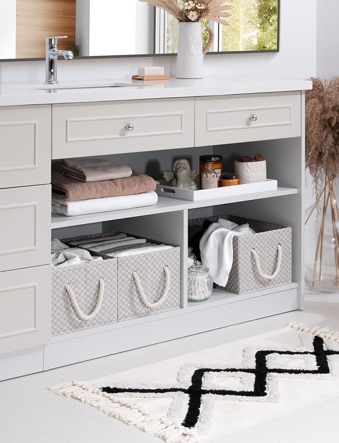 StorageWorks Storage Baskets for Shelves, Foldable Fabric Closet Storage Bins with Handles, Fabric Storage Bins Clothes Organizer, Khaki Check, 3-Pack, Large