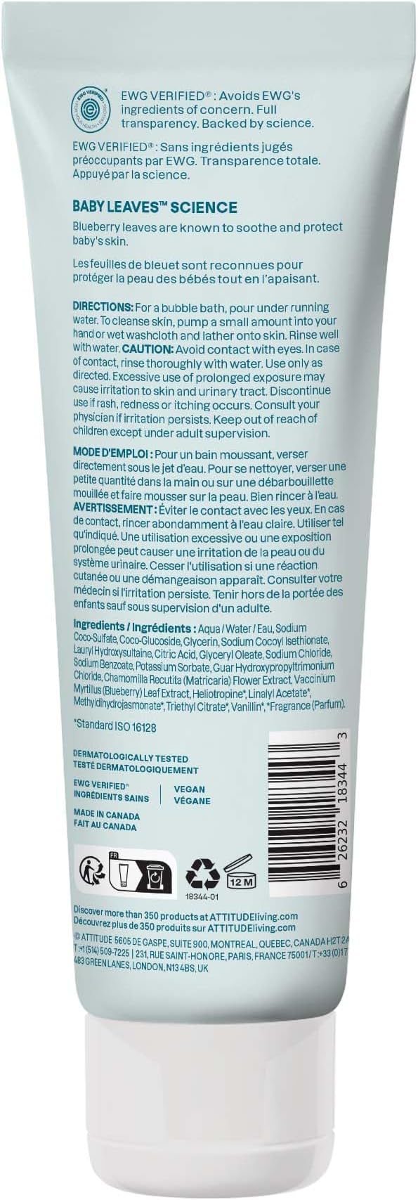ATTITUDE Bubble Body Wash for Baby, EWG Verified, Dermatologically Tested, Plant and Mineral-Based, Vegan, Good Night, 8 Fl Oz