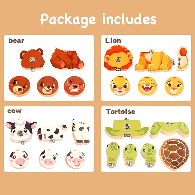 HUZU Animal Snap Wooden Building Blocks – Fun & Educational Puzzle Toy for Kids Aged 3-8, Features Cow, Bear, Lion and Turtle, Matching Game with Interchangeable Animal Faces & Emotions