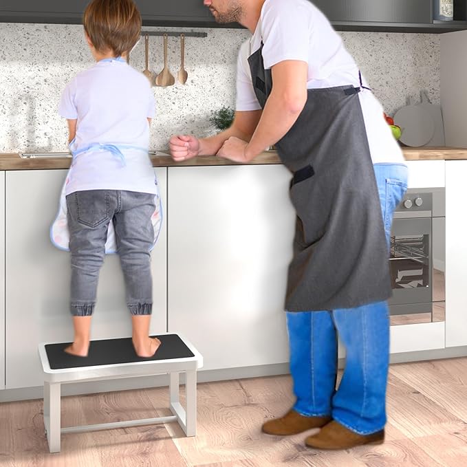 Wooden Step Stool with 500 Pounds, Wide Bed Step Stool for Adults,Wood White Step Stool&Stable Solid Metal Frame for Kitchen, Bedroom, Living Room, Bathroom