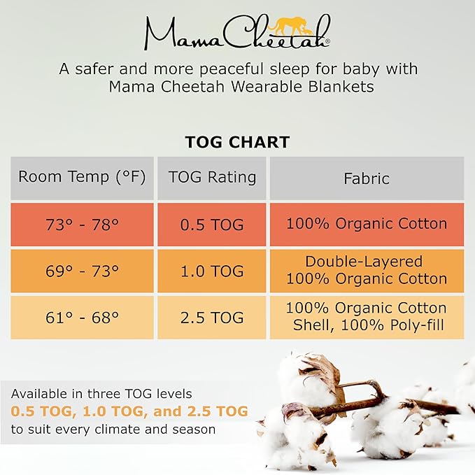 Mama Cheetah Baby Sleep Sack 0.5 TOG, Organic Cotton Baby Wearable Blanket with Two-Way Zipper, Swaddle Transition Baby Sleeping Bag for Newborn Infant Toddler Boy Girl, 18-24 Months