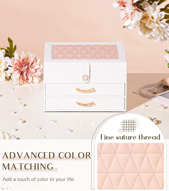 White Jewelry Box Organizer: Home Decor for Women - 2-Drawer Holder for Valentine’s Day Birthday Christmas White Pink