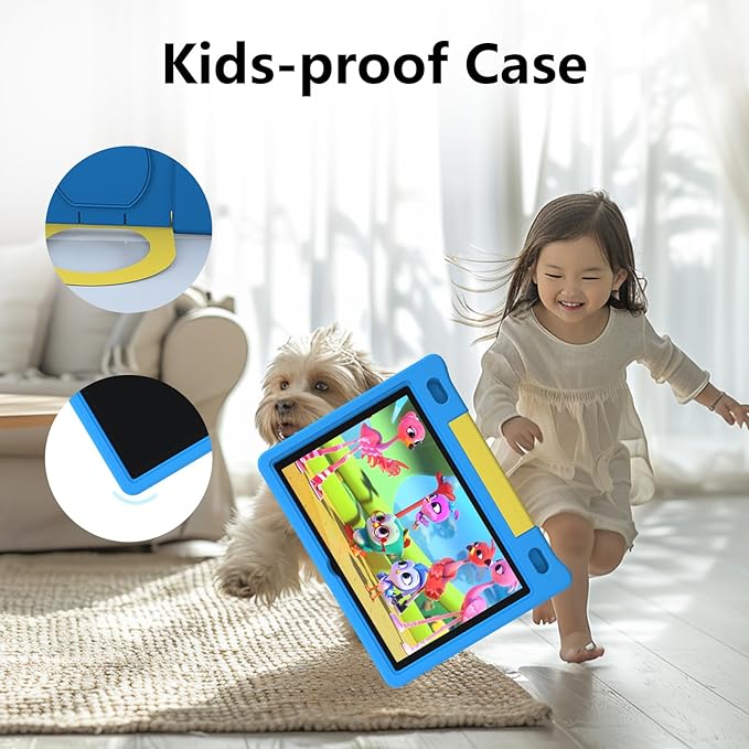 JREN Kids Table 10.1" |Android 14 Tablet for Kids|64GB Storage|Octa-Core|WiFi |Cameras|Parental Control|Kids Content|Case Included Great Gift for Children Ages 3-12 Years Old Blue