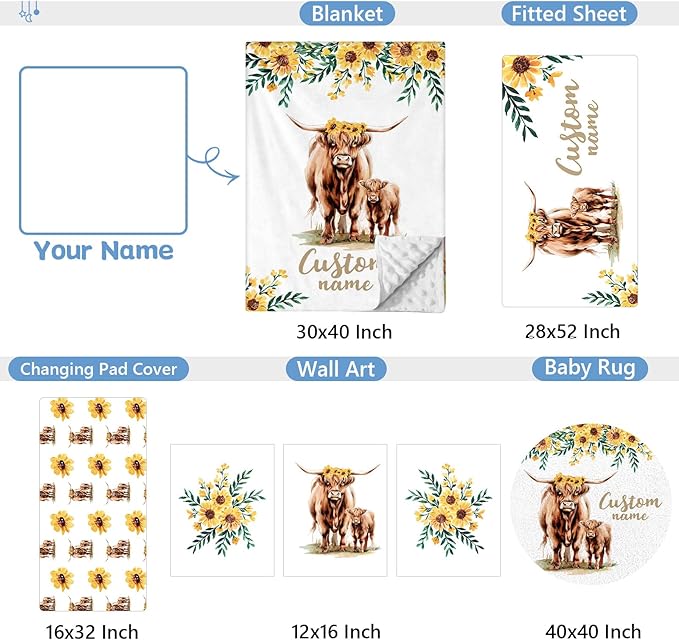Personalized Baby Crib Bedding Set, 5 Pcs Custom Name Bedding Set, Double Layer Nursery Bedding Set for Boy Girl, Highland Cow Baby Crib Set, Gift for Toddlers Infants New Parents
