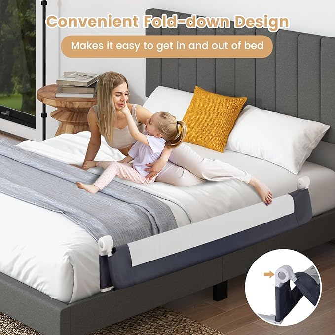 HONEY JOY 2 Pack Bed Rails for Toddlers, 60-Inch Extra Long, Foldable Portable Swing Down Safety Bed Guard Rail, Toddler Bed Rails for Crib, King Queen Full Twin Size Bed Mattress (Gray)