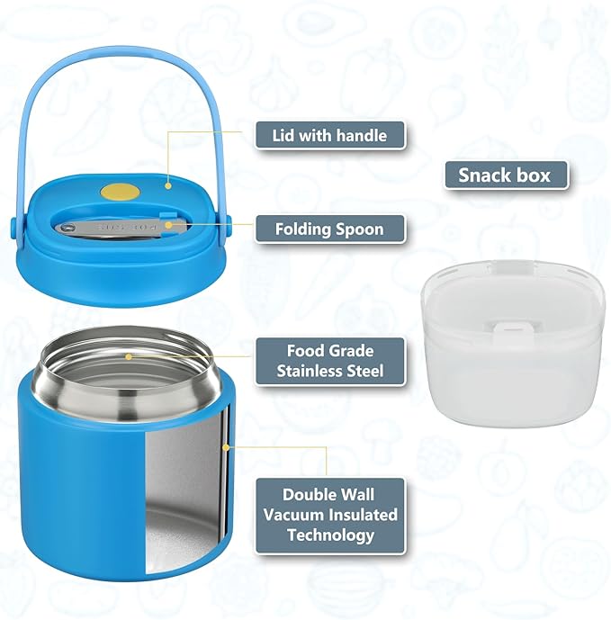 2 - in - 1 Soup Thermo for Hot Food 14oz with Snack Box Container Leak Proof Insulated Lunch Container Kids and Adults Stainless Steel Double Wall Vacuum Wide-mouth Thermal with Spoon and Handle