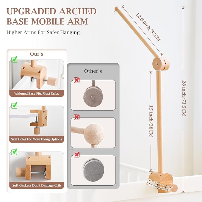 Baby Crib Mobile Arm - Wooden Mobile Arm with Height Adjustable&360° Rotatable Upgraded Arched Base Nursery Mobile Holder for Crib Mobile Hanger Baby Crib Attachment Nursery Decor