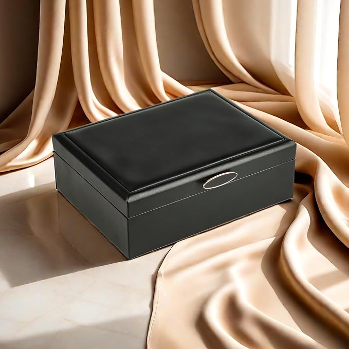 Small Jewelry Organizer for Women, 2-Layer Travel Jewelry Box with Portable Case, Necklace Ring Storage for Dresser, Girls Teens Gifts (Black)