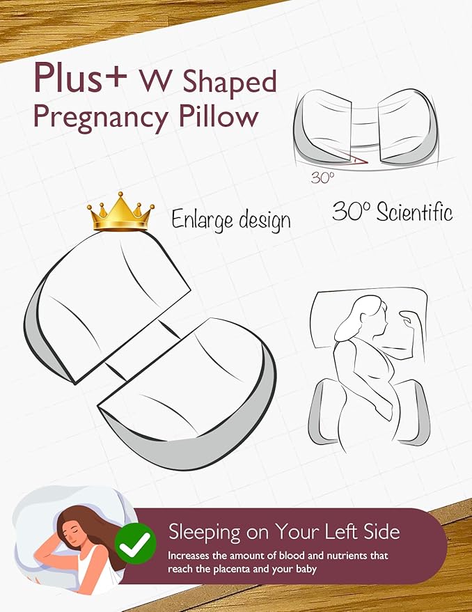 Momcozy Plus W Shaped Pregnancy Pillow for Sleeping, Adjustable Maternity Pillow for Side Sleepers, Portable Wedge Belly Support, Compact Design for Back Belly and HIPS, Grey and White