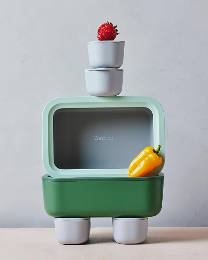 Caraway Glass Food Storage, 6.6 Cup Glass Container,Ceramic Coated Food Container,Easy to Store, Non Toxic, Non Stick Lunch Box Container with Glass Lids. Dishwasher, Oven,Square Shape,Cream