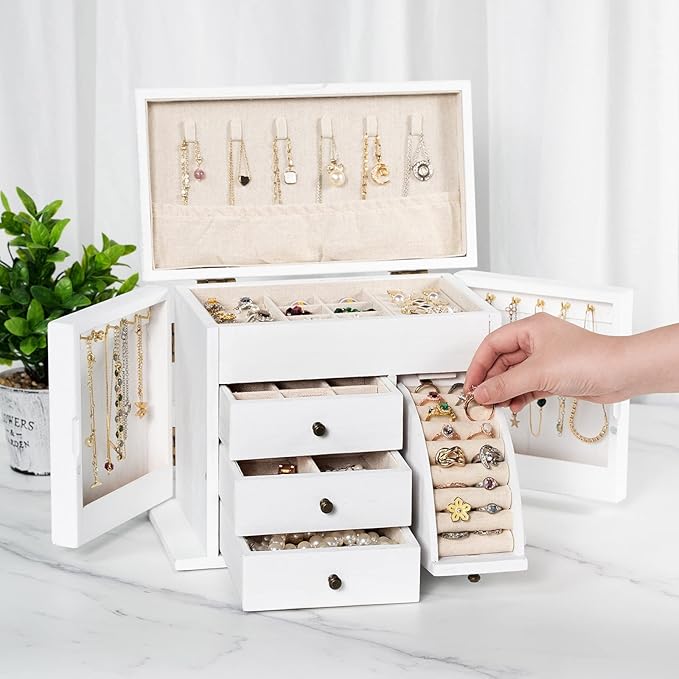 Jewelry Box Organizer, Solid Wood Jewelry Boxes for Women for Storage & Display Necklace Ring Earring Bracelet, Rustic Style Jewelry Organizer Box for Women Gifts (Weathered White)