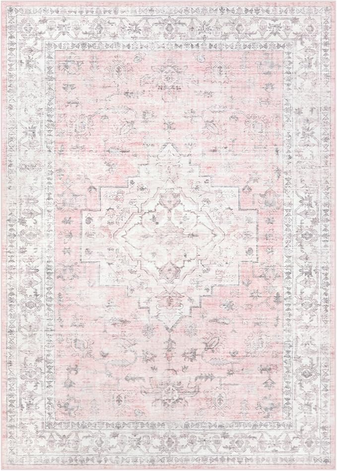LIVEBOX Pink 5x7 Area Rug for Bedroom Girls, Boho Washable Rugs for Living Room Nursery, Non-Slip Indoor Soft Carpet Low-Pile Farmhouse Carpets for Dining Room Kids Playroom, Pink