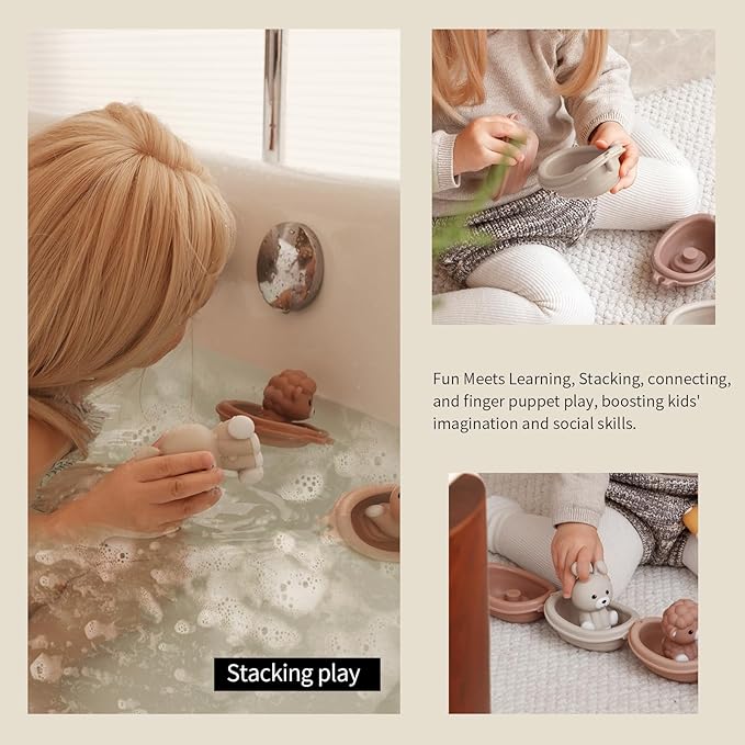 Nueplay Bathtub Toys for Toddlers 18M+,Baby Bath Toys with Animal Finger Puppets,Stackable Boat Train,Gift for Baby & Toddlers Set of 6