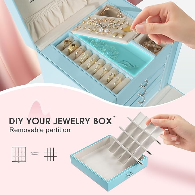 5-Layer Jewelry Box with 4 Drawers, Huge Portable Jewelry Organizer with Lock and Mirror for Women, for Necklace Ring Earring Bracelet Storage, Lockable Jewelry Case, Blue