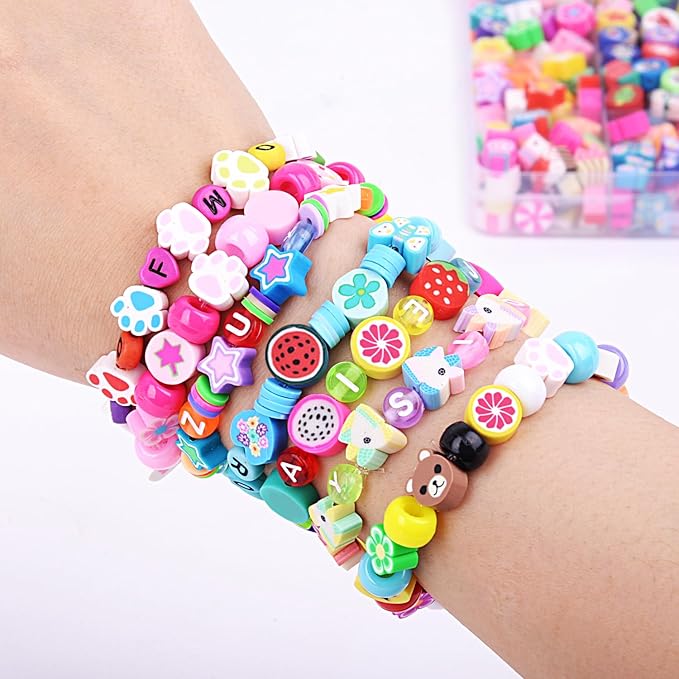 1000PCS Polymer Clay Beads Bracelet Making kit, 24 Style Cute Fun Beads Fruit Beads Charms for Jewelry Necklace Earring Making DIY Accessories for Women Girls