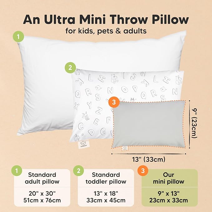 Mini Toddler Pillow with Pillowcase - 9x13 My Little Dreamy Travel Kids Pillow for Sleeping, Toddler Bed, Small, Tiny, Organic Cotton Pillowcase, Soft & Breathable, Kids 2-4 Years Old (French Gray)