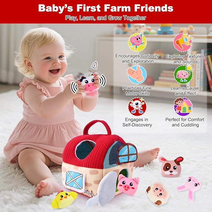 Baby Toys 6-12 Months – Montessori Sensory Barn with Plush Farm Animals, Rattles, Crinkle & Mirror – 1st Birthday Gift or Easter Basket Stuffer for Babies