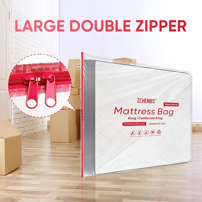 ZCHENBS® – Mattress Bags for Moving and Storage,Mattress Bag with Zippers,5 Mil Ultra-Thick Bed Bag,Waterproof,Anti-Tear,Heavy-Duty Mattress bag (Transaparent/Red, King/California King-(1 Pack))