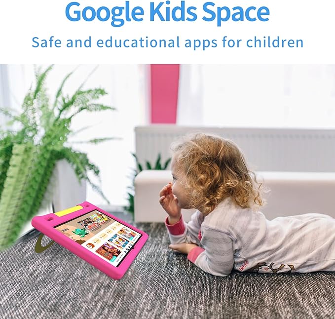 JREN Kids Table 10.1" |Android 14 Tablet for Kids|64GB Storage|Octa-Core|WiFi |Cameras|Parental Control|Kids Content|Case Included Great Gift for Children Ages 3-12 Years Old Pink