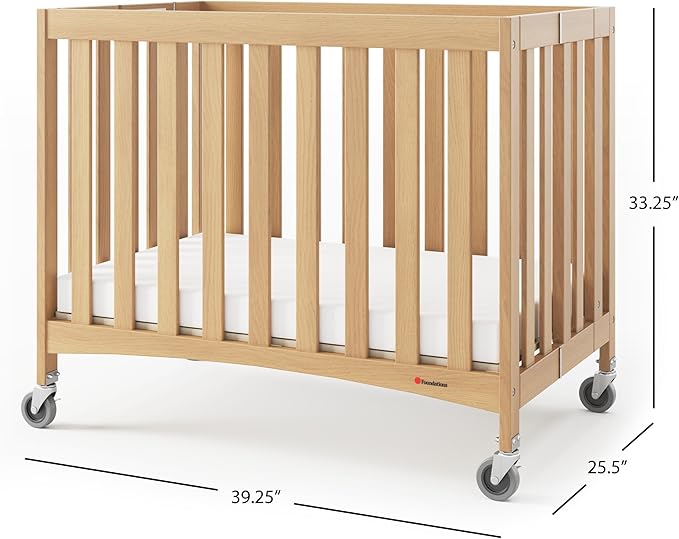 Foundations Compact Travel Sleeper Folding Hotel Crib and Sheet Bundle - Includes Wooden Mini Crib with 2" Foam Mattress (Natural) and 6-Pack White Fitted Compact Sheets