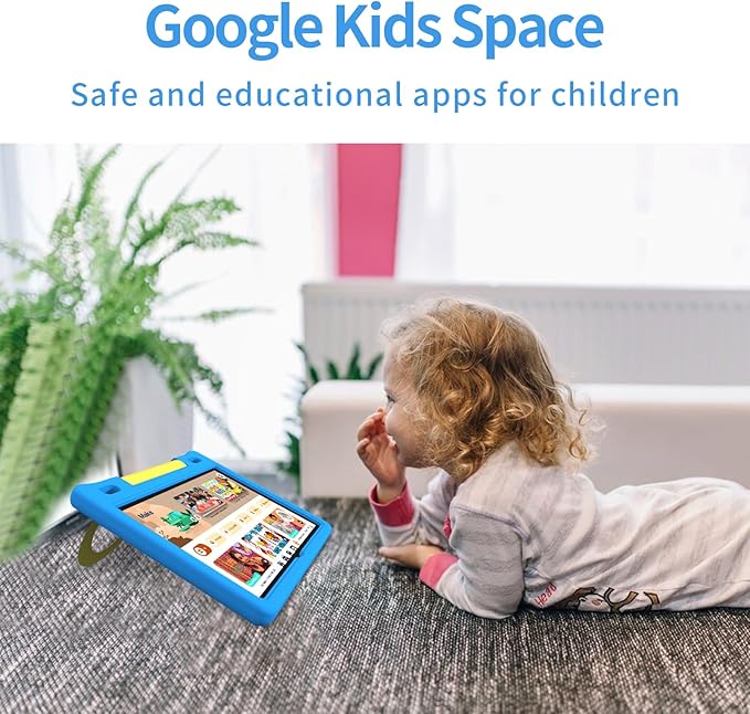 JREN Kids Table 10.1" |Android 14 Tablet for Kids|64GB Storage|Octa-Core|WiFi |Cameras|Parental Control|Kids Content|Case Included Great Gift for Children Ages 3-12 Years Old Blue